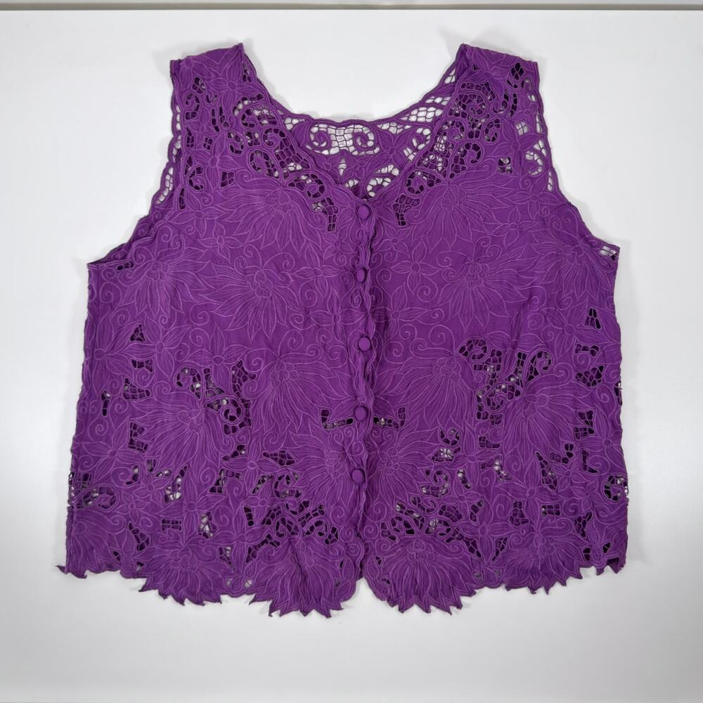 Purple Cotton Lace Button-Up Vest - Size OS to XL